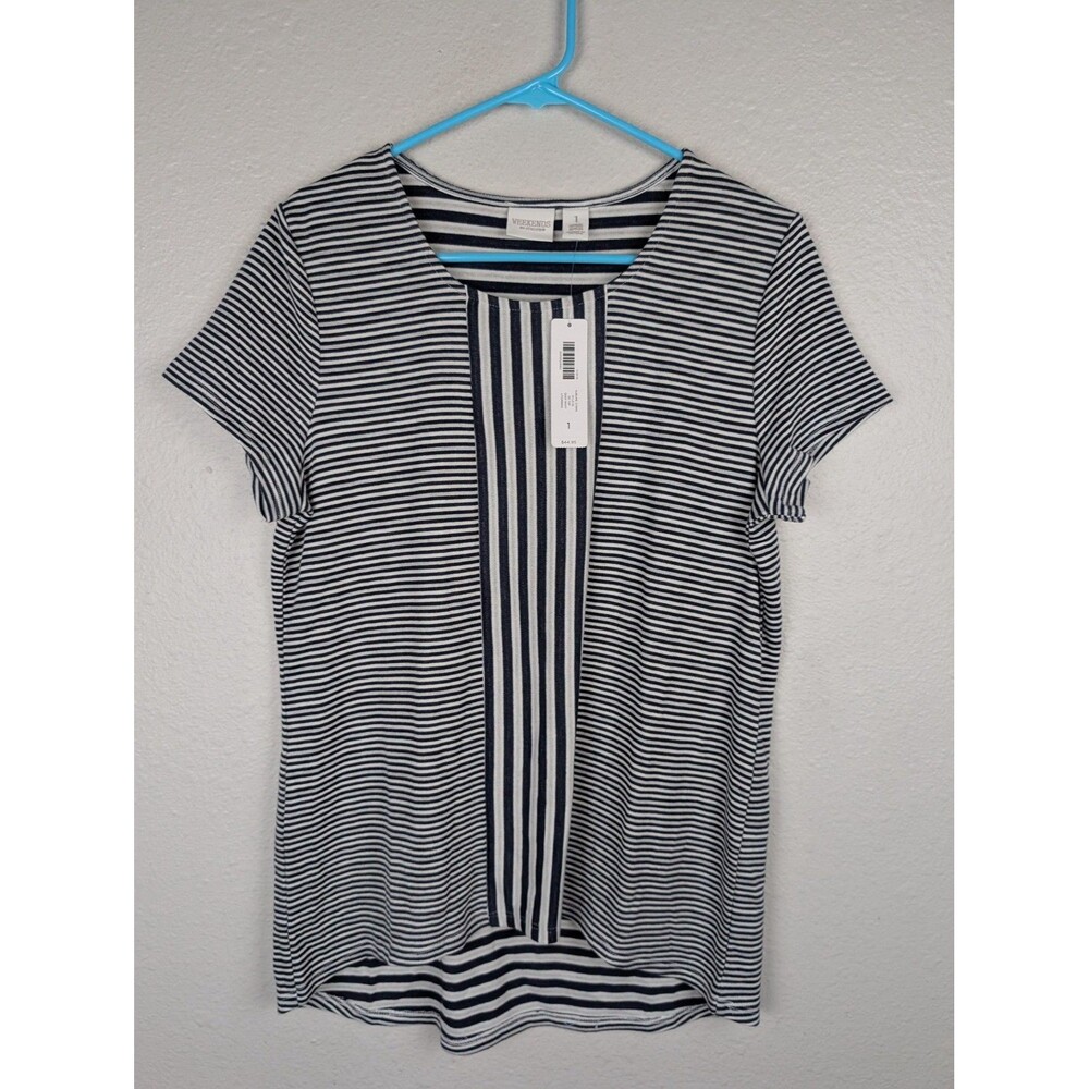 Chico's Weekends Shirt Womens Medium Navy White Striped Short Sleeve Scoop Neck - Picture 1 of 7